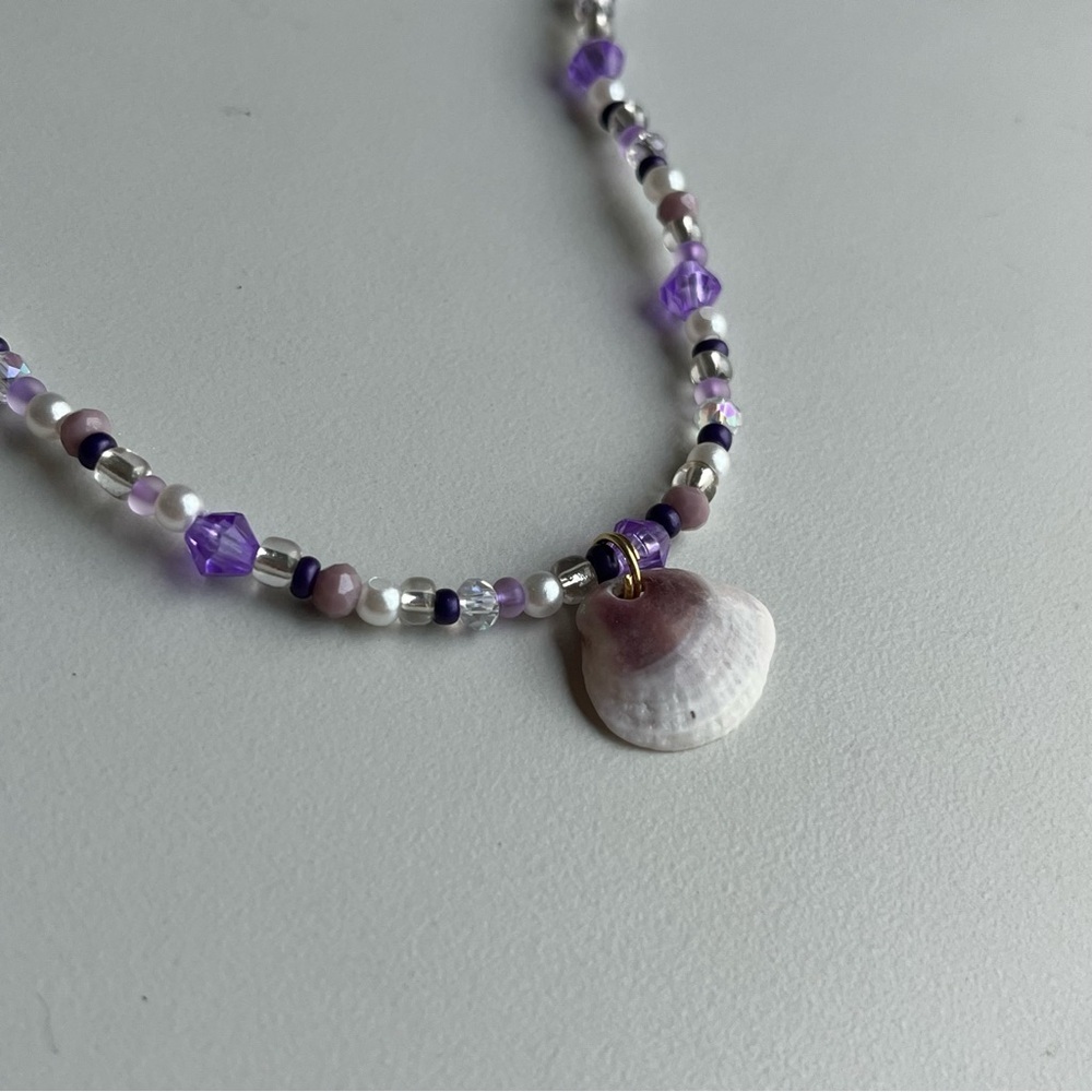 Handmade purple and white beaded necklace with real shell gold